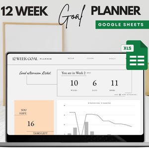 Könnte beinhalten: Ein Laptop-Bildschirm zeigt einen 12-Wochen-Zielplaner in Google Sheets. Der Planer zeigt eine Fortschrittsanzeige, einen Countdown-Timer und eine Nachricht mit dem Text "Good afternoon Rickel." Der Bildschirm zeigt auch den Text "You are in Week 2 of 12".