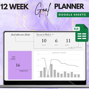 Könnte beinhalten: Ein Laptop-Bildschirm zeigt eine 12-Wochen-Zielplanungs-Tabelle in Google Sheets. Die Tabelle enthält eine Fortschrittsanzeige, einen Zähler, der 10 Wochen, 6 Tage und 11 Stunden verbleibend anzeigt, und eine Nachricht, die lautet "Good afternoon Rickel. You are in Week 2 of 12". Die Tabelle zeigt auch, dass der Benutzer 16 Aufgaben übrig hat. Die Tabelle ist oben links mit "12 Week Goal Planner Google Sheets" beschriftet. Die Tabelle ist auch oben rechts mit "XLS" beschriftet.