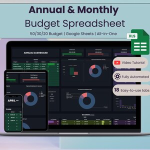 May include: A laptop computer displaying a dark-themed spreadsheet with a colourful pie chart and the text "ANNUAL DASHBOARD". The laptop is on a table with a pink and purple background. The image also includes a smaller phone screen displaying a similar spreadsheet with the text "APRIL". The text "Annual & Monthly Budget Spreadsheet" is displayed above the laptop. The text "50/30/20 Budget | Google Sheets | All-in-One" is displayed below the laptop. The text "XLS" is displayed in a green box with a white icon of a spreadsheet. The text "Video Tutorial" is displayed in a red box with a white icon of a play button. The text "Fully Automated" is displayed in a grey box with a white icon of a gear. The text "18 Easy-to-use tabs" is displayed in a white box with black text.