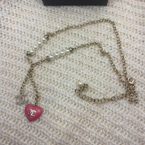 Chanel 18k Gold Rope Chain Pink Heart Shaped CC Charming Pendant Necklace
