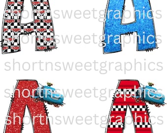 May include: Four different versions of the letter A with a cartoon car on top. The letter A is red with black and white checkered pattern, blue with a glittery texture, red with a glittery texture, and black and white checkered pattern.
