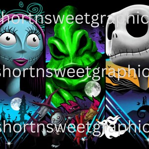 May include: A digital illustration featuring characters from the Nightmare Before Christmas and The Grinch.  The characters are arranged in a collage style with a neon background.  The text "shortnsweetgraphics" appears three times in the image.