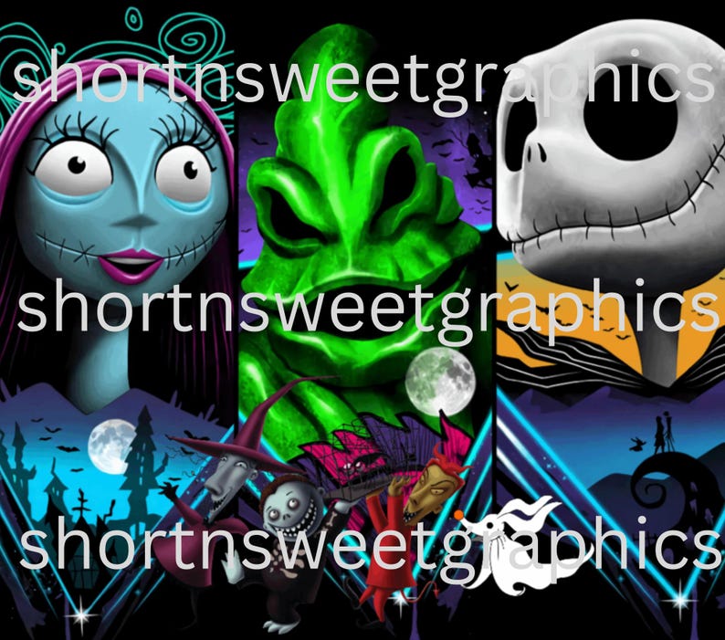 May include: A digital illustration featuring characters from the Nightmare Before Christmas and The Grinch.  The characters are arranged in a collage style with a neon background.  The text "shortnsweetgraphics" appears three times in the image.