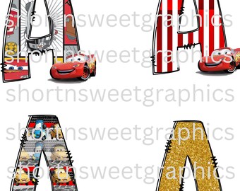 May include: Four different designs of the letter A with a red race car in front of each letter. The letters are decorated with different patterns, including red and white stripes, a gold glitter pattern, and a pattern of the race car.
