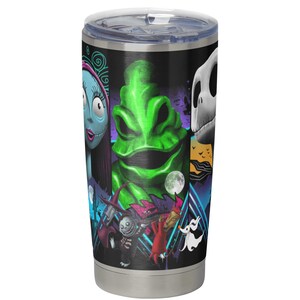 May include: A stainless steel tumbler with a black background and a colorful graphic of characters from the Nightmare Before Christmas. The characters include Jack Skellington, Sally, and Oogie Boogie.