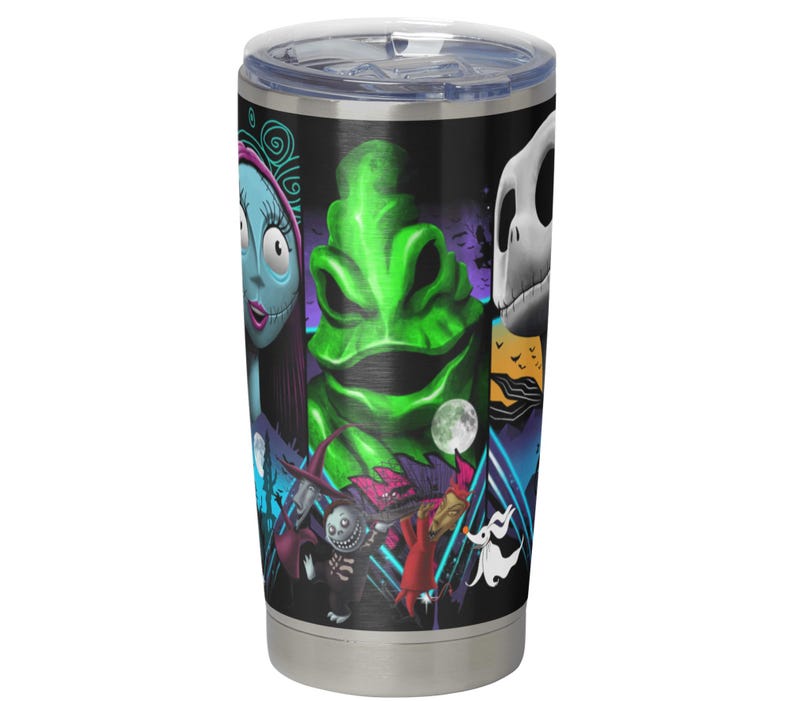 May include: A stainless steel tumbler with a black background and a colorful graphic of characters from the Nightmare Before Christmas. The characters include Jack Skellington, Sally, and Oogie Boogie.