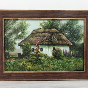 Ölgemälde auf Karton Ukrainischen Bauernhaus, Urainian Künstler V. Kuzmenko, Landschaftsansicht, Ländliche Landschaft, Natur, Dorfmalerei