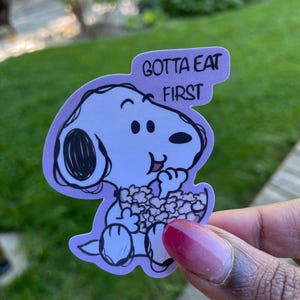 Snoopy eating popcorn - sticker, funny, cute, snoopy, peanuts, Charlie Brown, dog lovers, dog, cartoon, cartoon lovers, retro, old school
