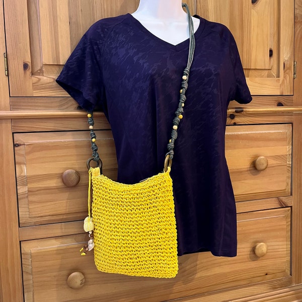 Yellow crossbody bag, crocheted bag, boho purse, bohemian purse, fun purse, cross body bag, yellow purse, raffia bag, Sun and Sand, vintage