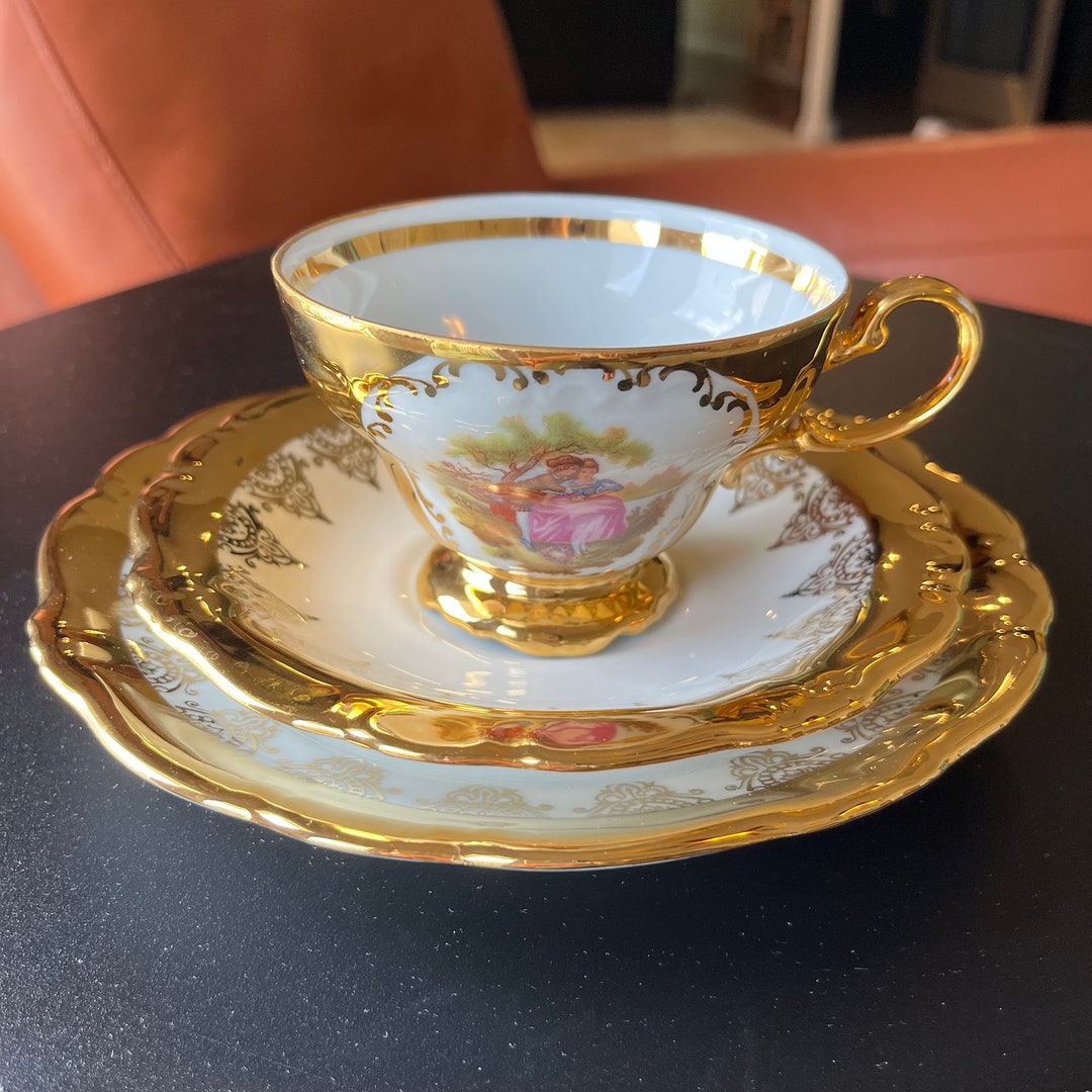 Vintage Fragonard Teacup Plate Set, Gloria 22K Gold Plated Bavaria