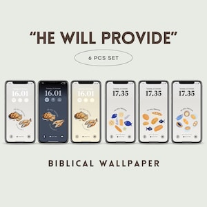 May include: Six phone wallpapers with a light background and a dark background. The wallpapers feature a quote, "He Will Provide", and illustrations of fish, bread, and loaves of bread. The time is displayed on each wallpaper.