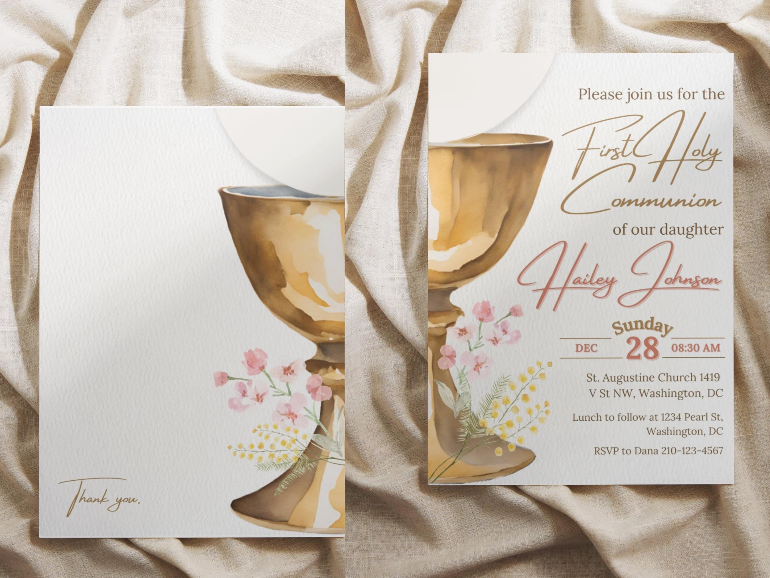 Pink First Holy Communion Invitation Template for Girl Daughter ...