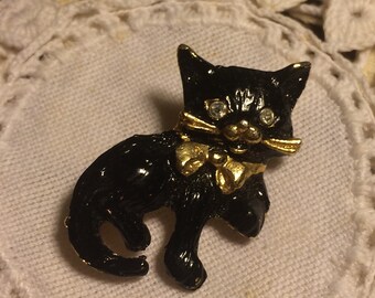 Vintage Black and Gold Kitten Cat Pin Brooch