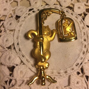 Vintage JJ Jonette Jewelry Golden Cat Teasing Bird in Birdcage Pin Brooch