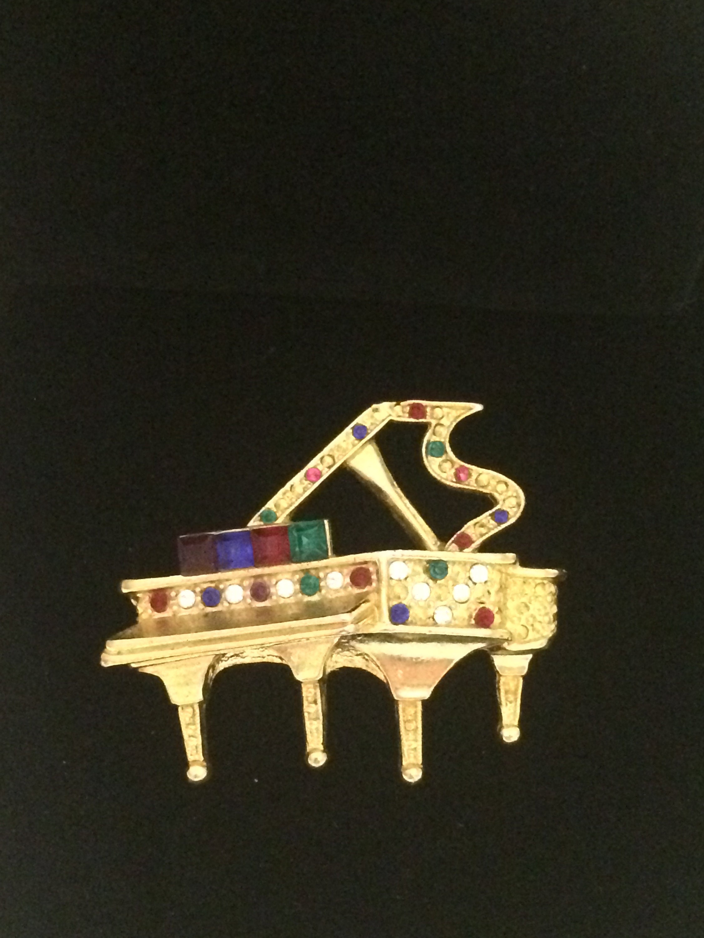 Vintage Golden Piano Brooch Pin with Colorful Rhinestones