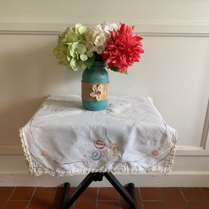 Antique White Table Runner Linen Cloth Embroidery