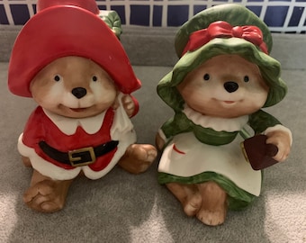 Vintage Navidad Cerámica Oso de peluche Sr. y Sra. Claus Figuras Homeco
