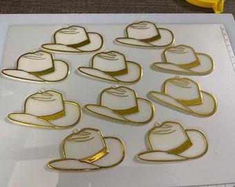 Lote de 10 adornos de sombreros de baile del equipo de perforación de vaquero blanco y dorado para mamás de regreso a casa y otras manualidades