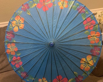 Retro Blue Hawaiian Paper and Wooden Umbrella Parasol