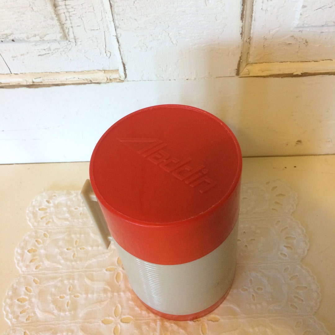 Vintage Aladdin Black Plastic Lunch Box with Red & Black Plaid Thermos USA Made