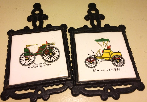 Set Of Two Vintage Car Cast Iron And Ceramic Hot Plates Decor Etsy