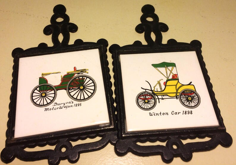 Set Of Two Vintage Car Cast Iron And Ceramic Hot Plates Decor Etsy