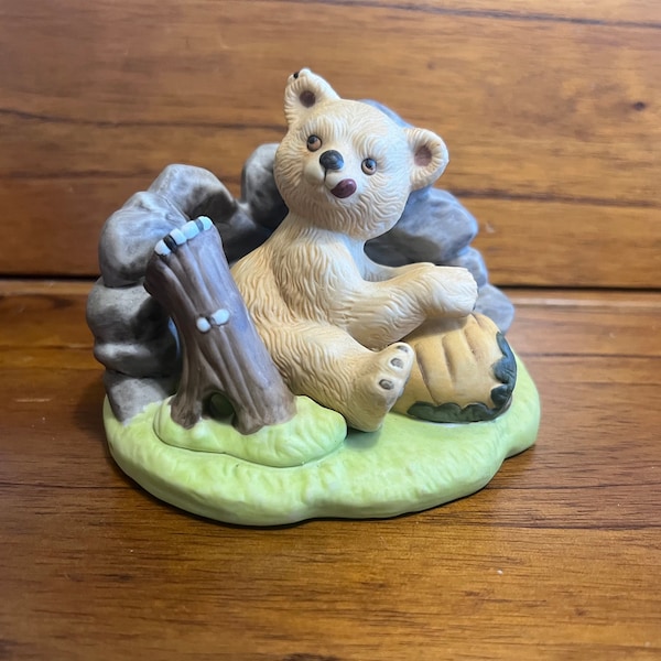 Woodland Surprises Bear with Honeypot Hand painted Franklin Porcelain Signed by Jacqueline B Smith