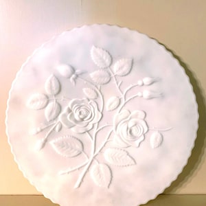 Intricate Rose Pattern Milk Glass Cake Stand