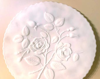 Intricate Rose Pattern Milk Glass Cake Stand