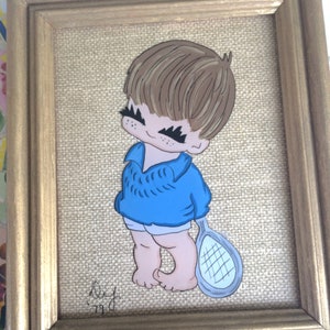 Antique Hand Painted Baby Boy with Tennis Racket in Original Frame