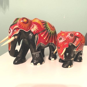 Pair of Wooden Decorative Ornate African Elephants