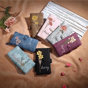 Personalized Leather Wallet for Women,Custom Birth Flower&Name Wallet,Women  Long  Wallet,Mother's Day Mom Gifts,Birthday Gift