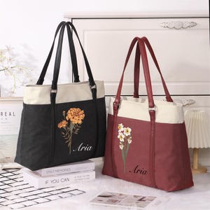 Borsa tote personalizzata a forma di barca, borsa personalizzata per la mamma, borsa tote con fiori per il mese di nascita, shopper tote, borsa a tracolla da donna, regalo per la festa della mamma, regalo per lei