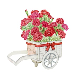Carnation Wagon 3D Pop-Up Card – Floral Wheelbarrow Design for Mother’s Day – Elegant Flower Bouquet Greeting Keepsake for Mom