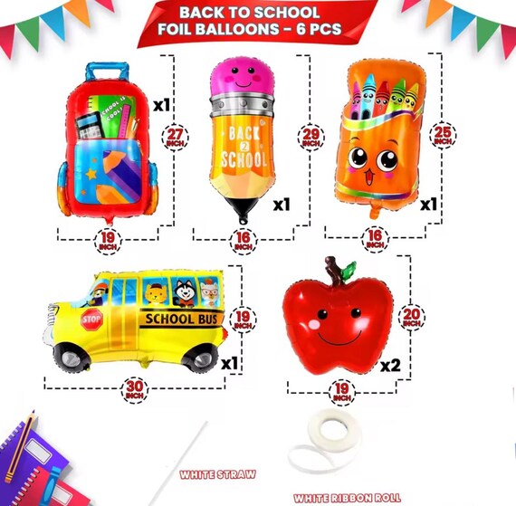 Luftballons Für Den Schulanfang – Mit Bus, Stiften & Schultasche, Buntes Dekoset