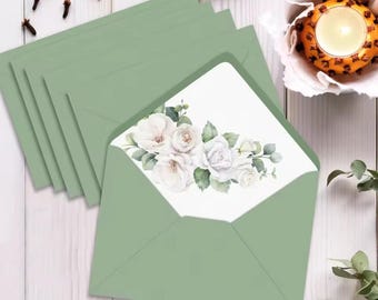 Saliegroene en bloemen gevoerde enveloppen (5 x 7 inch, 50 stuks) – bruiloft, feestartikelen
