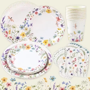 Set di articoli per feste di baby shower floreali: piatti, tovaglia, bicchieri, palloncini a forma di animali, sacchetti per bomboniere