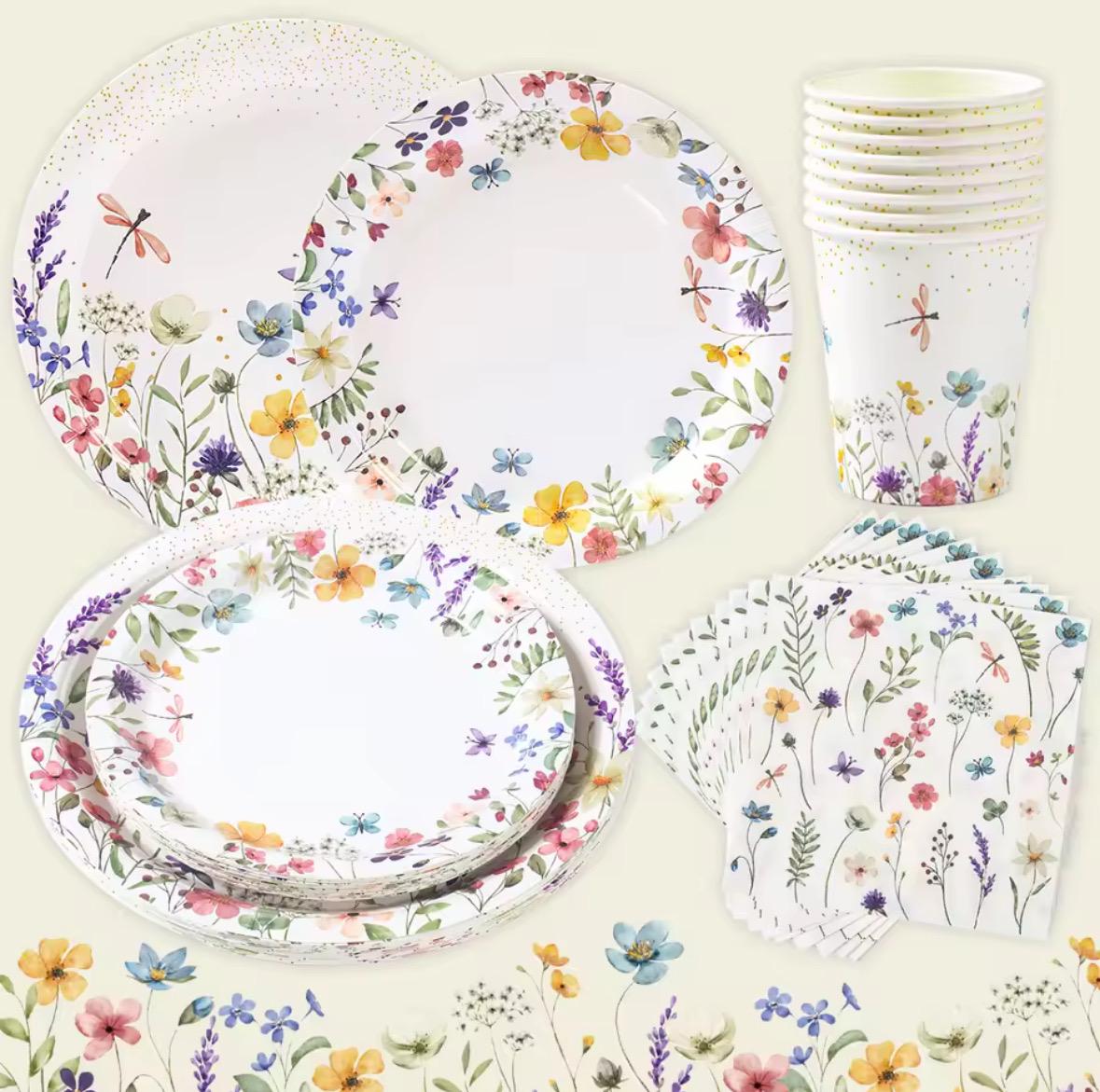Floral Baby Shower Party Supplies Set – Plates, Tablecloth, Cups, Animal Balloons, Favor Bags