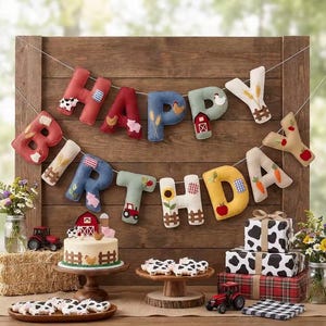 Puede incluir: Una guirnalda de fieltro con el texto Happy Birthday y apliques de granja que incluyen vacas, graneros y tractores. Debajo, un pastel con un adorno de granero, regalos con estampado de vaca y galletas con forma de vaca sobre madera.