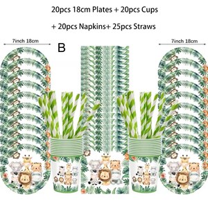 Puede incluir: Un juego de suministros para fiestas con platos, vasos, servilletas y pajitas. Los platos, de 18 cm de di&aacute;metro, est&aacute;n decorados con un dise&ntilde;o de animales de la jungla y hojas. Los vasos y las servilletas tambi&eacute;n tienen un tema de animales a juego.