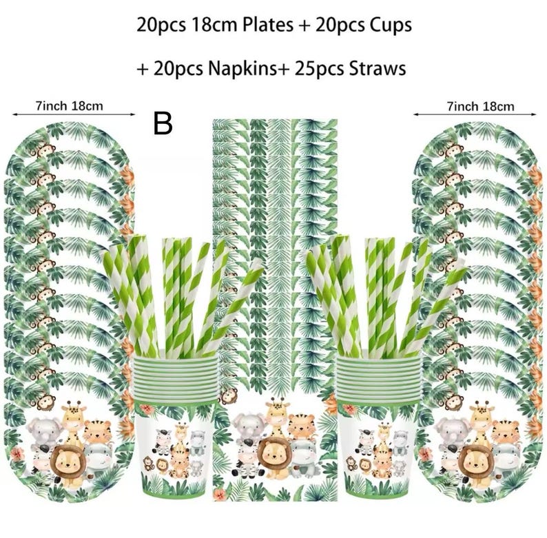 Puede incluir: Un juego de suministros para fiestas con platos, vasos, servilletas y pajitas. Los platos, de 18 cm de di&aacute;metro, est&aacute;n decorados con un dise&ntilde;o de animales de la jungla y hojas. Los vasos y las servilletas tambi&eacute;n tienen un tema de animales a juego.