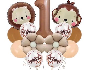 Jungle Safari-verjaardagsballonboeket: leeuw, aap en cijfers