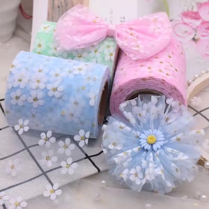 Rotolo di nastro di tulle a forma di margherita – 5 iarde x 6 cm, rete trasparente floreale per fiocchi per capelli, confezioni regalo, bricolage, pasticceria e decorazioni