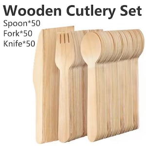 150pcs Wooden Cutlery Set – Disposable Eco-Friendly Spoons, Forks, Knives for Weddings, Parties & Events