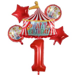 Red Circus Birthday Balloon Set – 32-Inch Number Foil with Tent & Stars
