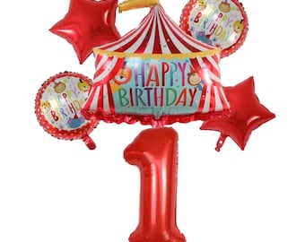 Red Circus Birthday Balloon Set – 32-Inch Number Foil with Tent & Stars