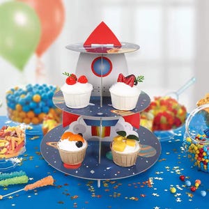 Alzata per torta a tema spaziale / Alzata per torta in carta con razzo spaziale / Porta cupcake per feste spaziali con astronauta / Alzata per dessert per compleanni nello spazio / 3 stili