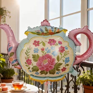 Globo de aluminio con forma de tetera floral, decoración vintage para fiesta de té, accesorio para celebrar en el jardín.