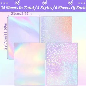 May include: A set of 24 iridescent paper sheets in four styles, each measuring 21cm by 29.7cm. The sheets display a shimmering, holographic effect with colours ranging from pink to blue. Text at the top reads "24 Sheets In Total/4 Styles/6 Sheets Of Each."