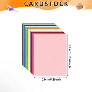 May include: A stack of colorful cardstock paper sheets, each measuring 8.26 inches wide and 11.69 inches long. The stack includes various colors, with the front sheet being pink. The word "CARDSTOCK" is at the top.